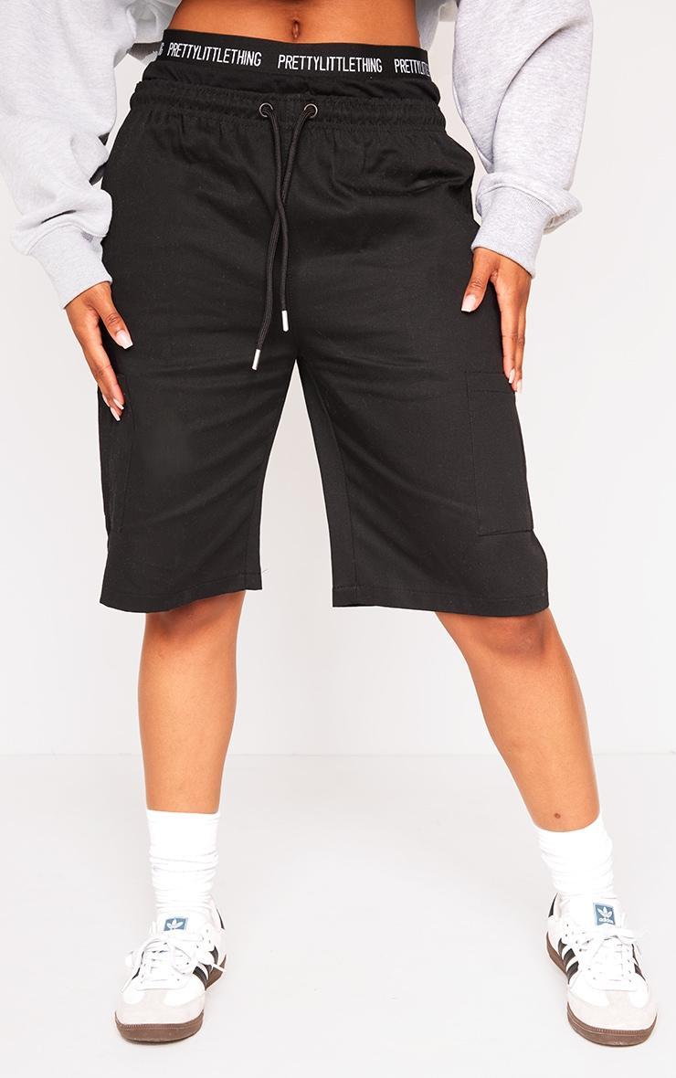 Black Twill Drawstring Waist Oversized Long Shorts Product Image