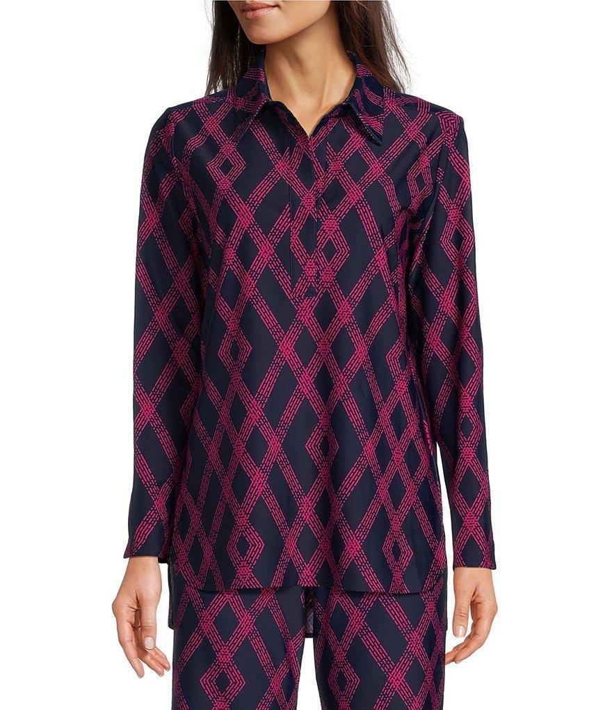 Jude Connally Hadley Bamboo Lattice Print Jude Cloth Knit Point Collar Long Split Roll Cuff Sleeve Coordinating Tunic Product Image