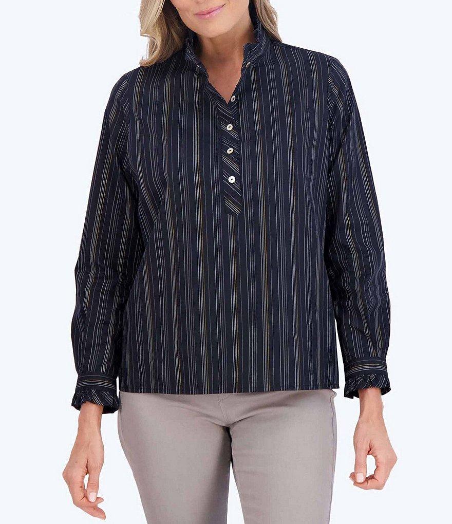 Foxcroft Mia Lurex Knit Stripe Print Ruffle Collar Long Sleeve Popover Top product image