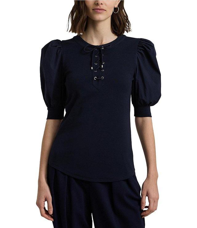 Lauren Ralph Lauren Rib-Knit Stretch Lace-Up Puff Sleeve Top Product Image