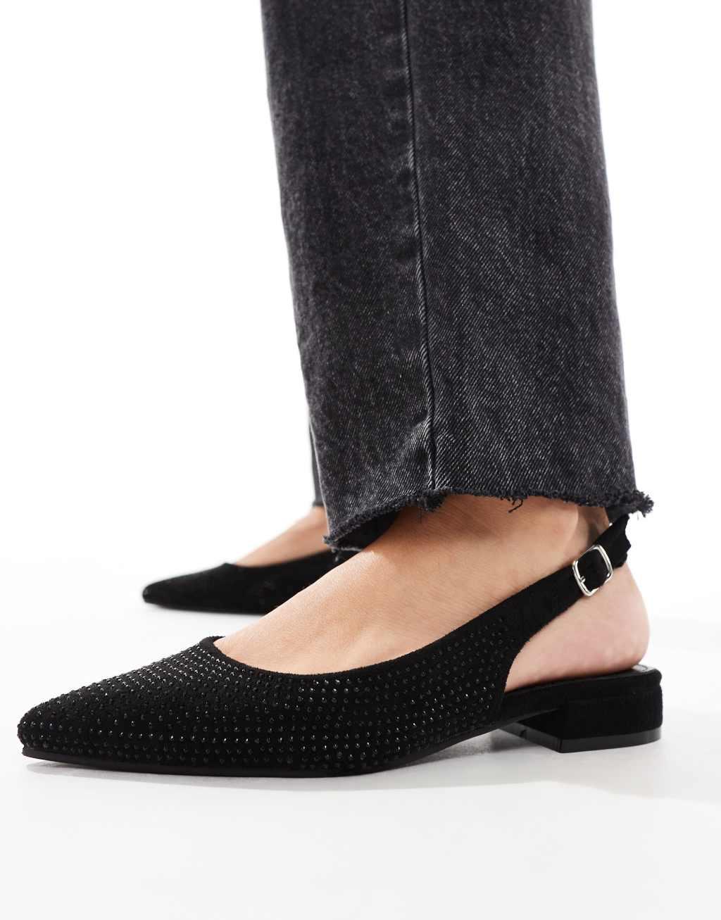 Glamorous slingback embellished pointed toe flats in black Product Image