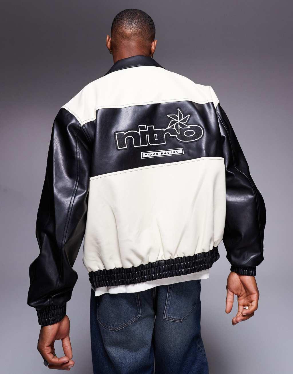 ASOS DESIGN oversized faux leather motocross jacket in monochrome Product Image