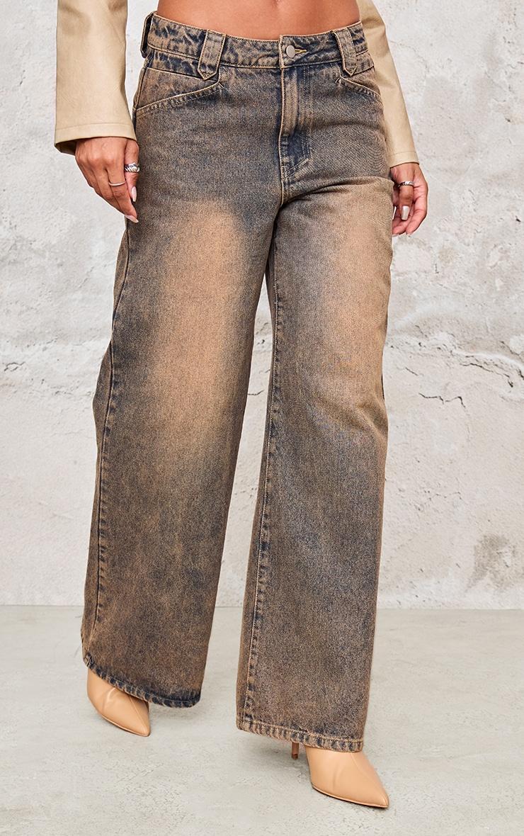 Brown Acid Wash Tinted Wide Leg Jeans Product Image