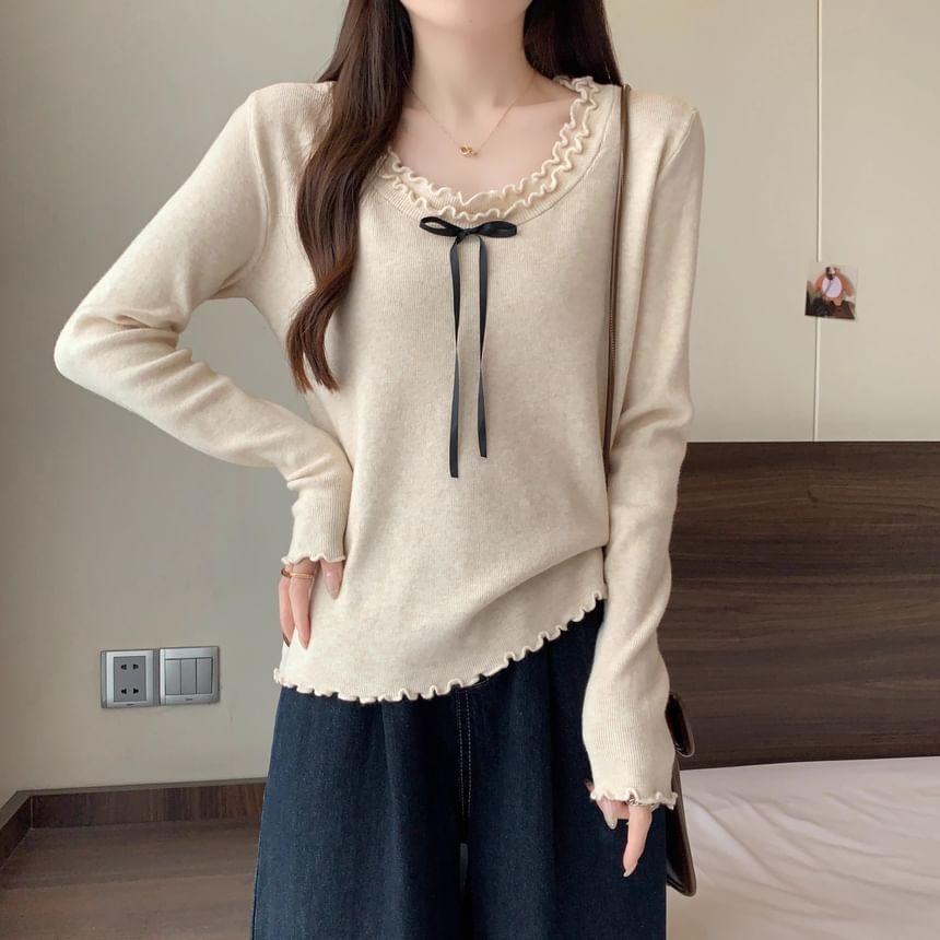 Long-Sleeve Crew Neck Bow Lettuce Edge Knit Top Product Image