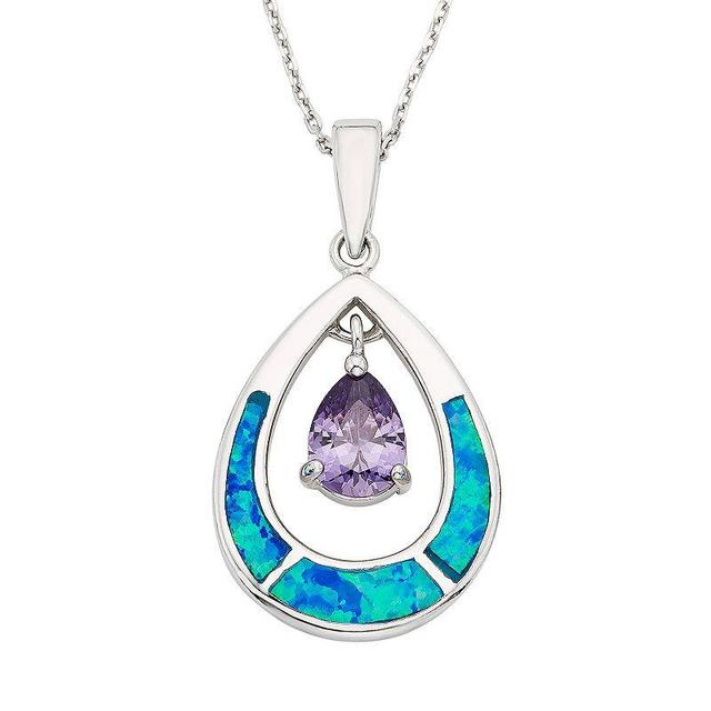 Lab-Created Blue Opal & Cubic Zirconia Sterling Silver Teardrop Pendant Necklace, Womens Multicolor Product Image