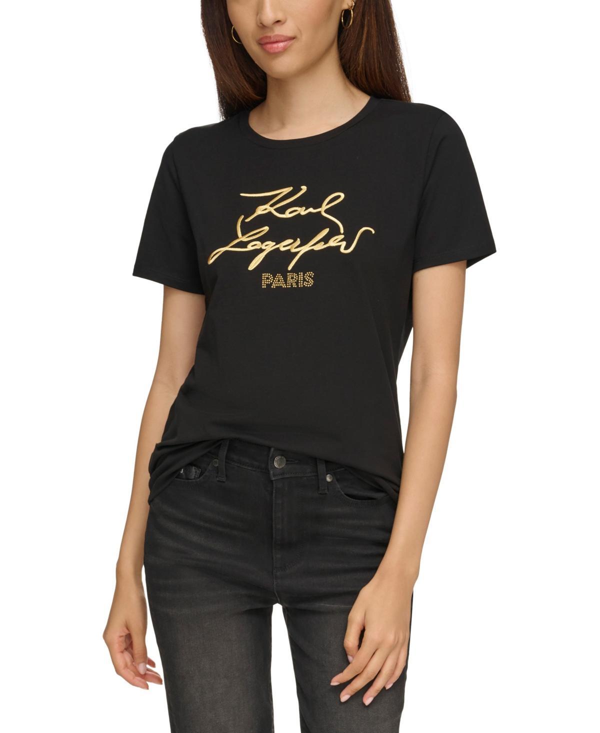 Karl Lagerfeld Paris Womens Metallic Logo Print T-Shirt, Regular & Petite - White/ Product Image