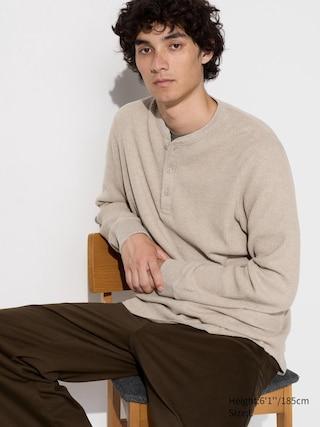 Mens Waffle Henley Neck T-Shirt Long-Sleeve Beige Large UNIQLO US Product Image