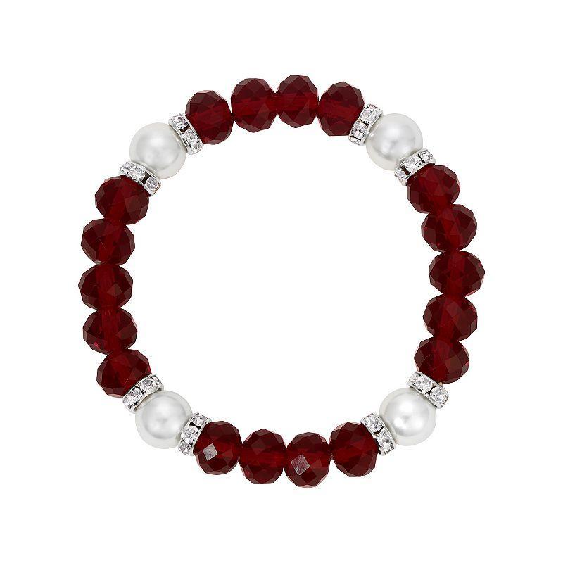 1928 Red Crystal Glass Bead & Faux Pearl Stretch Bracelet, Womens Product Image