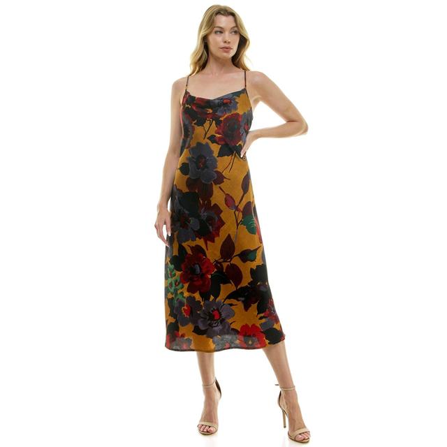 Gold Floral Cowl Neck Slip Midi Dress Product Image