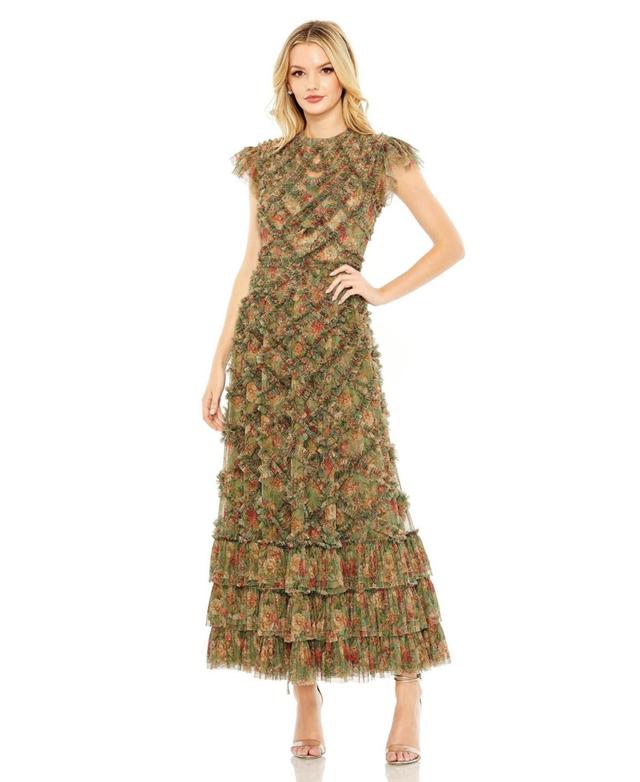 Mac Duggal Floral Print Crew Neck Cap Sleeve Ruffle Embellished Tiered Hem Dress Product Image