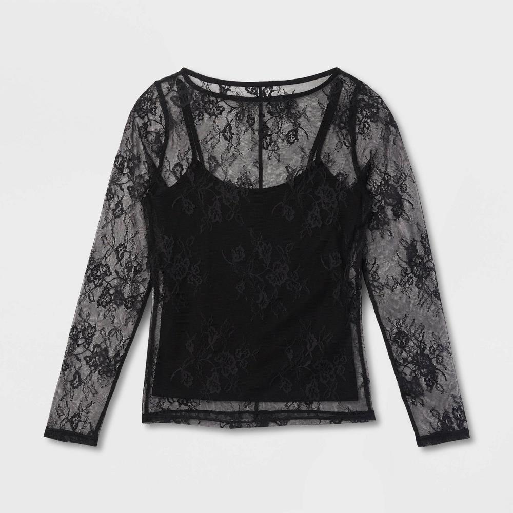 Womens Slim Fit Long Sleeve Lace Top - A New Day Black Floral Product Image