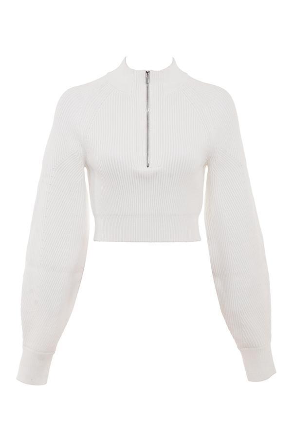 Reeva White Balloon Sleeve Ribbed Sweater Product Image