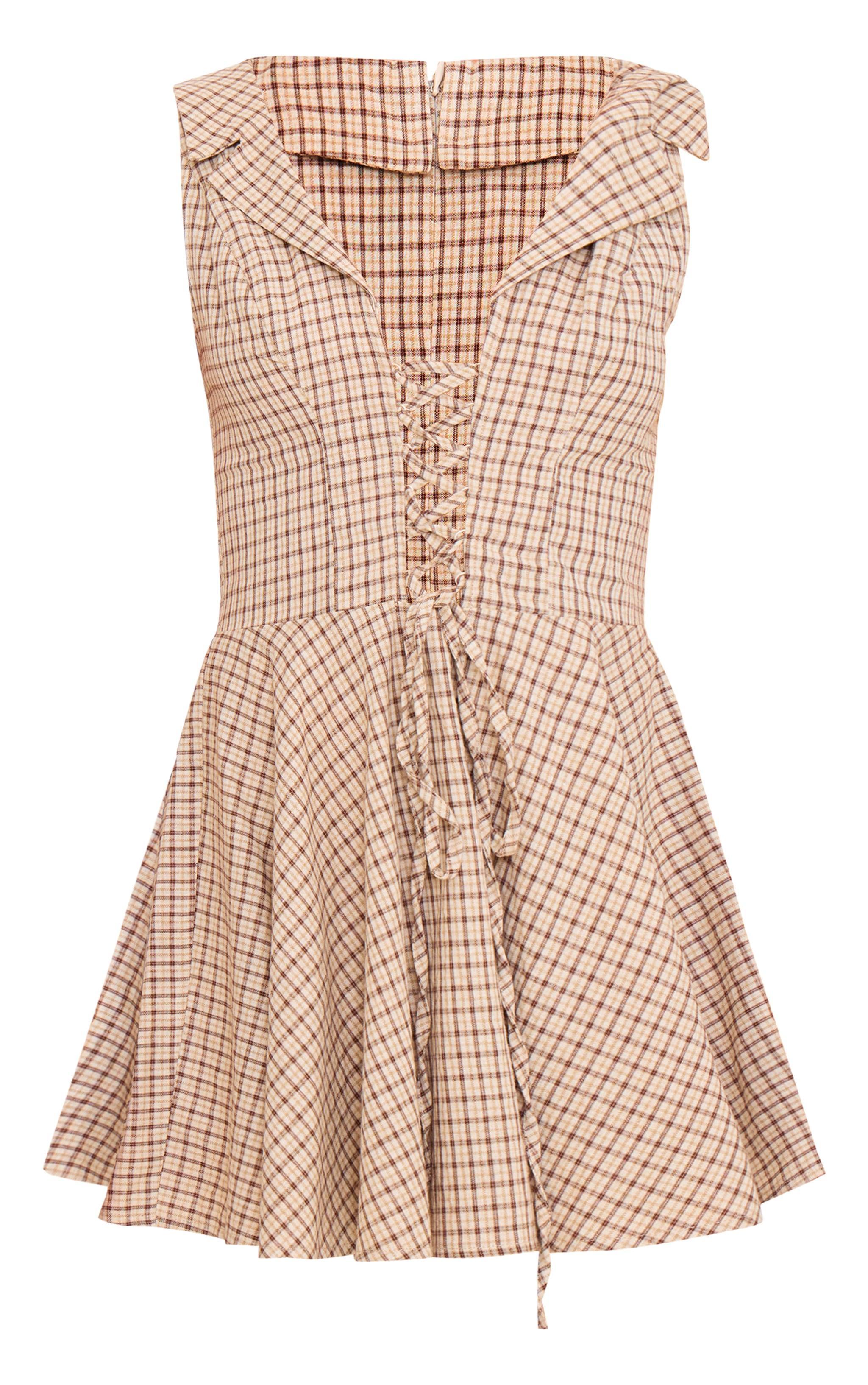 Cream Lace Up Check Shift Dress Product Image