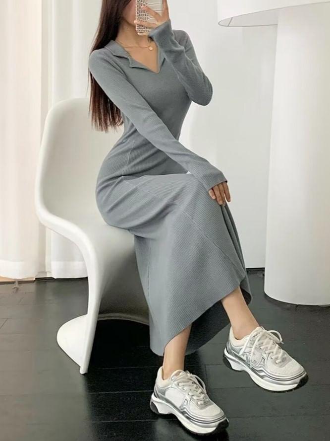 Long-Sleeve Collared Knit Midi A-Line Dress Product Image