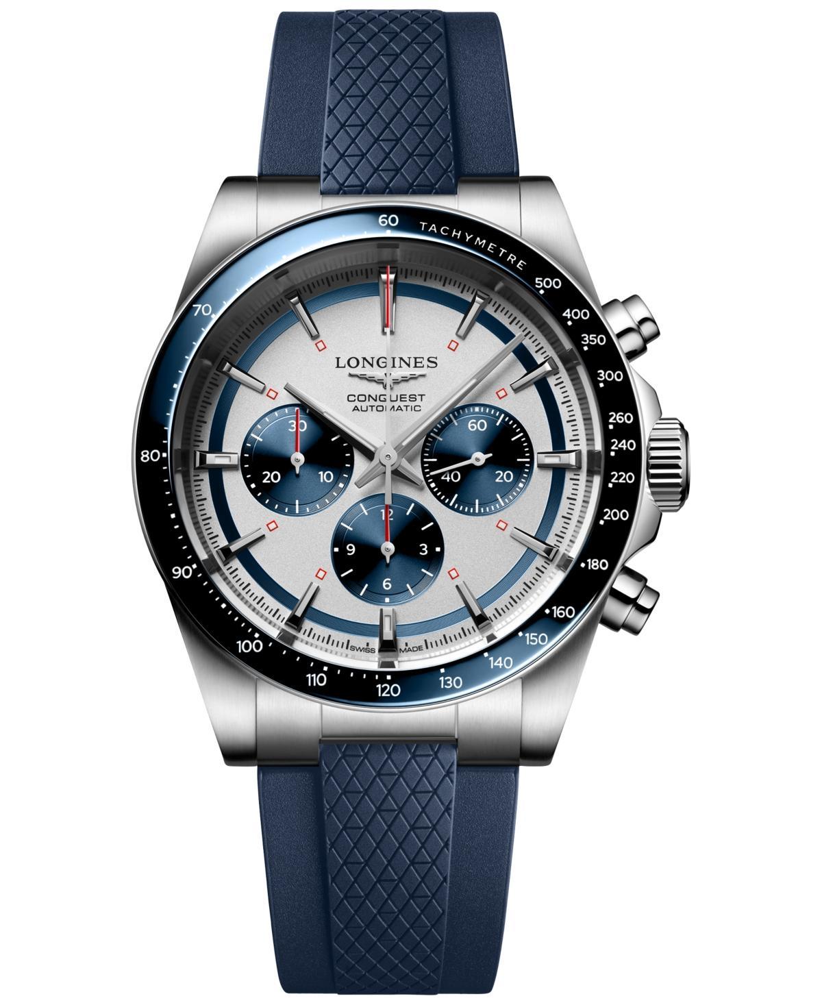 Longines Mens Swiss Automatic Chronograph Conquest Blue Rubber Strap Watch 42mm Product Image