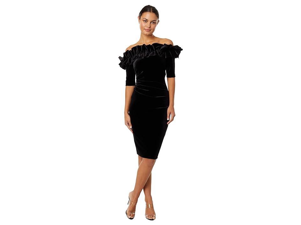 Xscape Evenings Ruffle Off the Shoulder Velvet Sheath Dress Product Image