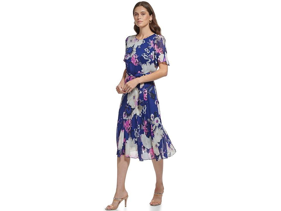 DKNY Godet Sleeve and Skirt Midi Dress (Blueprint/Raspberry ) Women's Dress Product Image