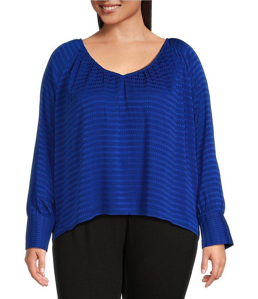 Calvin Klein Plus Size Woven Tiled Chiffon V-Neck Long Sleeve Top Product Image