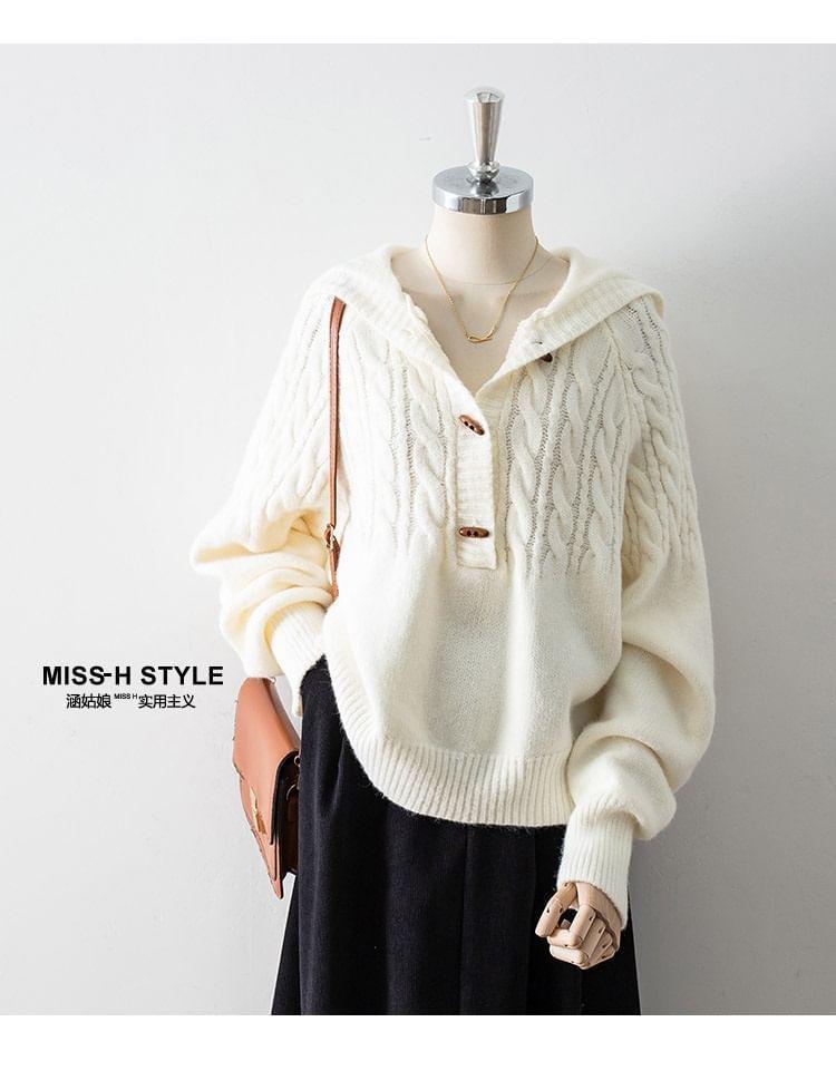 Henley Plain Hood Cable Knit Toggle Sweater Product Image