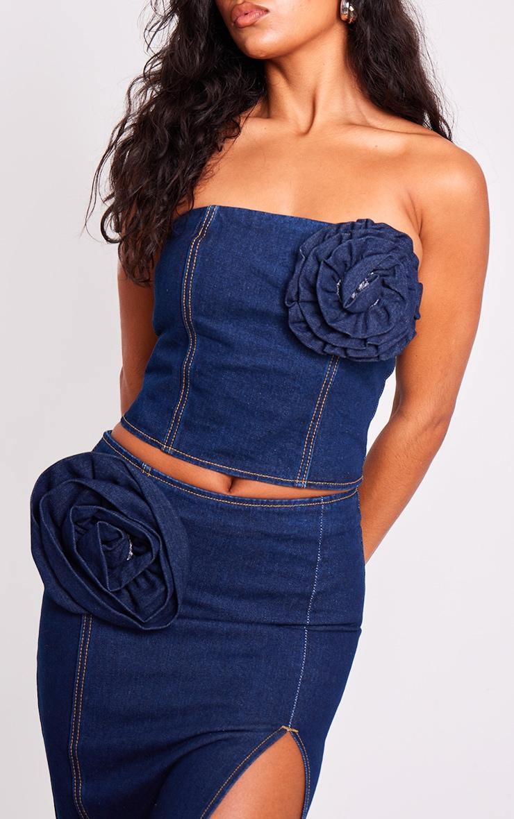 Indigo Blue Wash Flower Denim Bandeau Crop Top Product Image