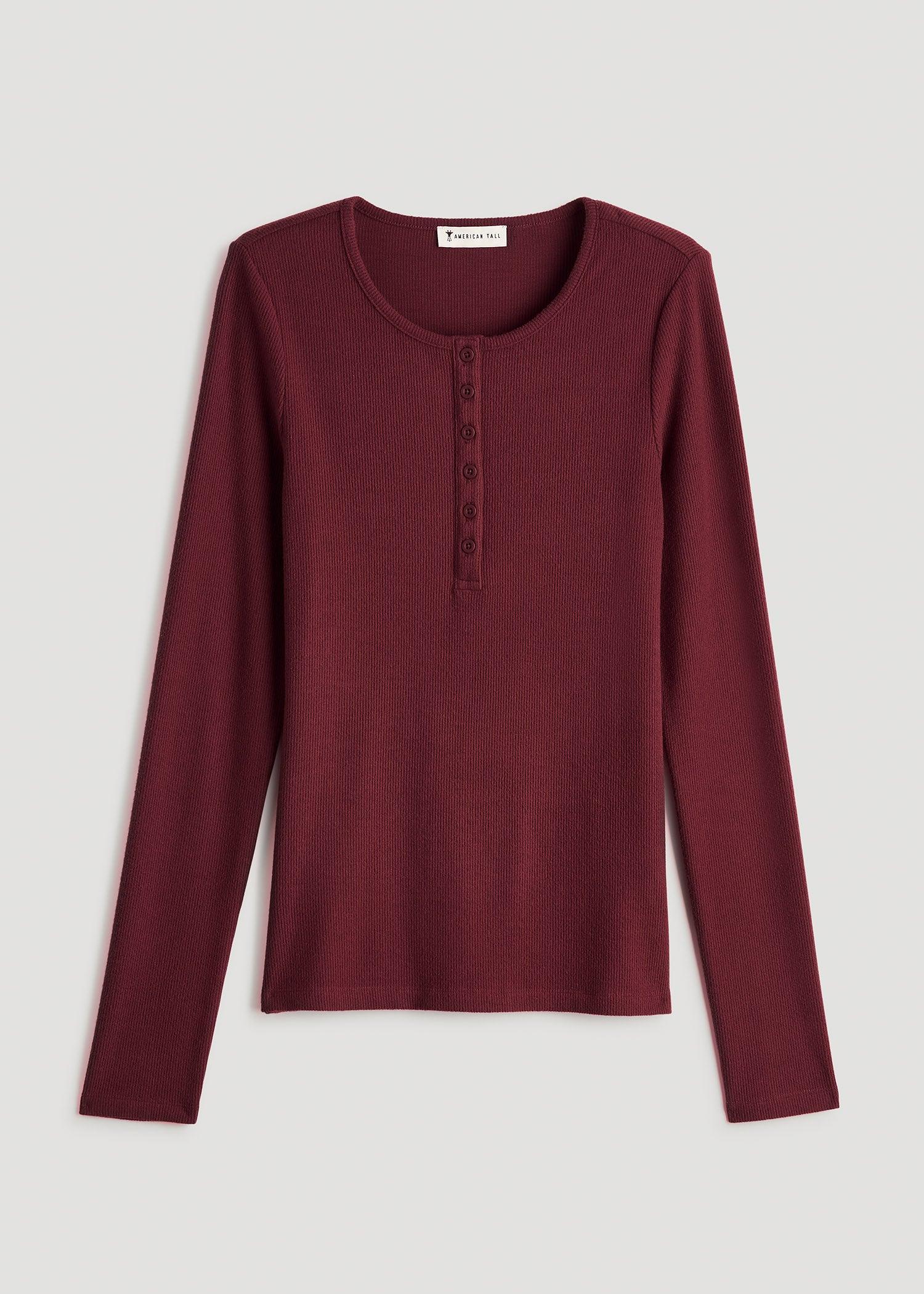 Long Sleeve Ribbed Crewneck Women's Tall Henley Shirt in Red Ochre Product Image