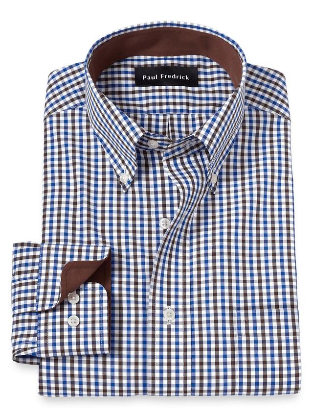 Non-Iron Cotton Gingham Dress Shirt With Contrast Trim - Blue/brown Product Image