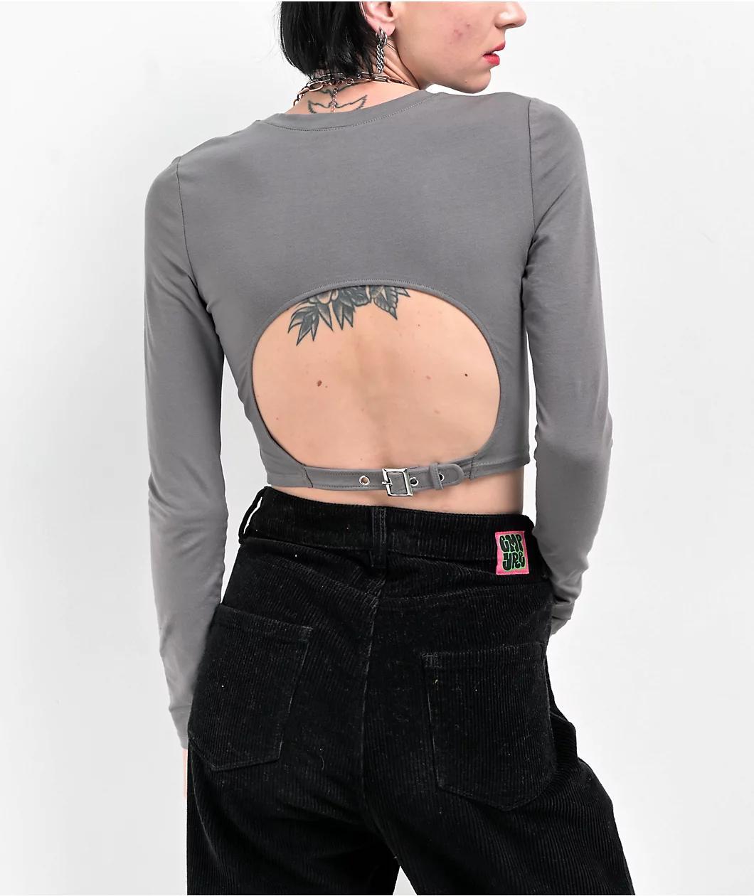 Zine Havanna Grey Buckle Long Sleeve Crop T-Shirt Product Image