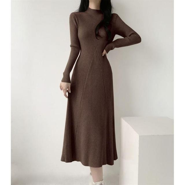 Long-Sleeve Mock Neck Knit Plain Midi A-Line Dress Product Image