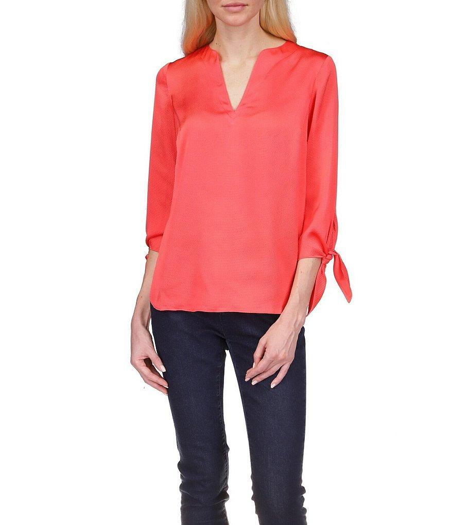 MICHAEL Michael Kors V-Neck Satin 3/4 Tie Sleeve Blouse Product Image