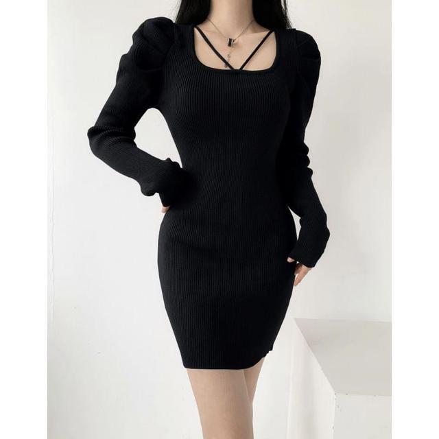 Long-Sleeve Square Neck Plain Ribbed Mini Sheath Knit Dress Product Image