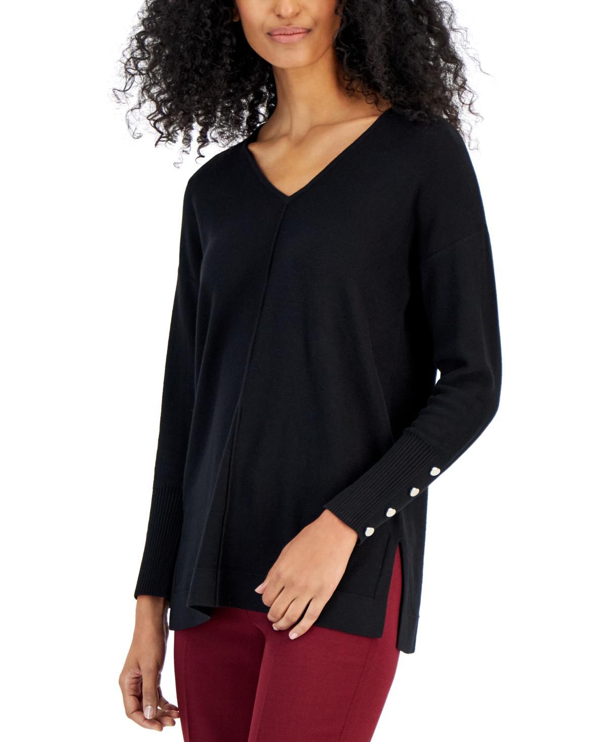 Anne Klein Womens Seamed-Front Button-Cuff V-Neck Sweater Product Image