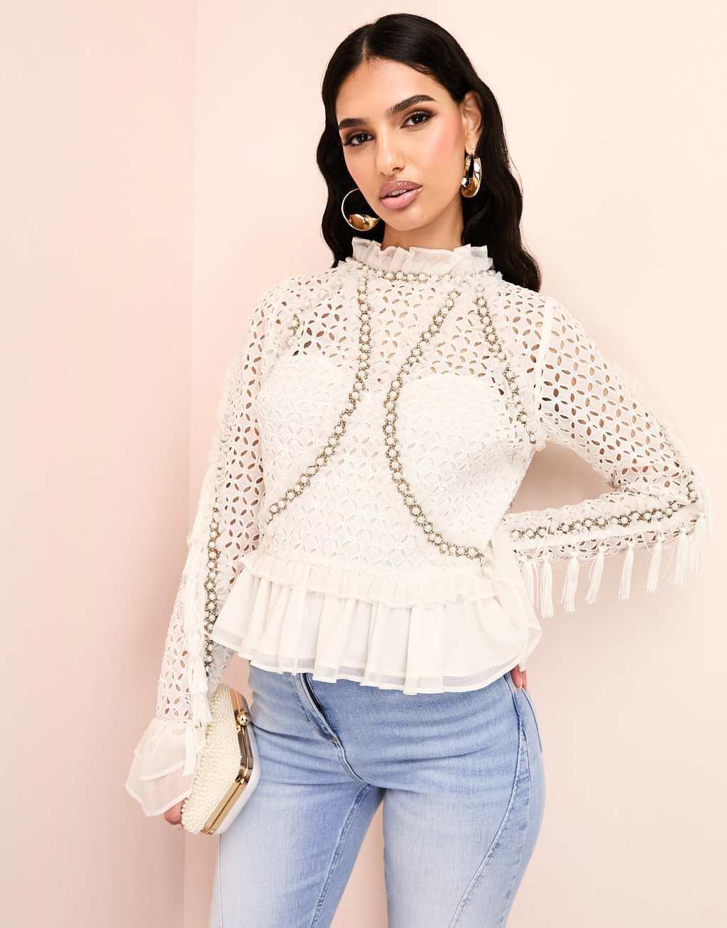 ASOS LUXE 3D floral embellished cotton eyelet top with organza peplum hem in white Product Image