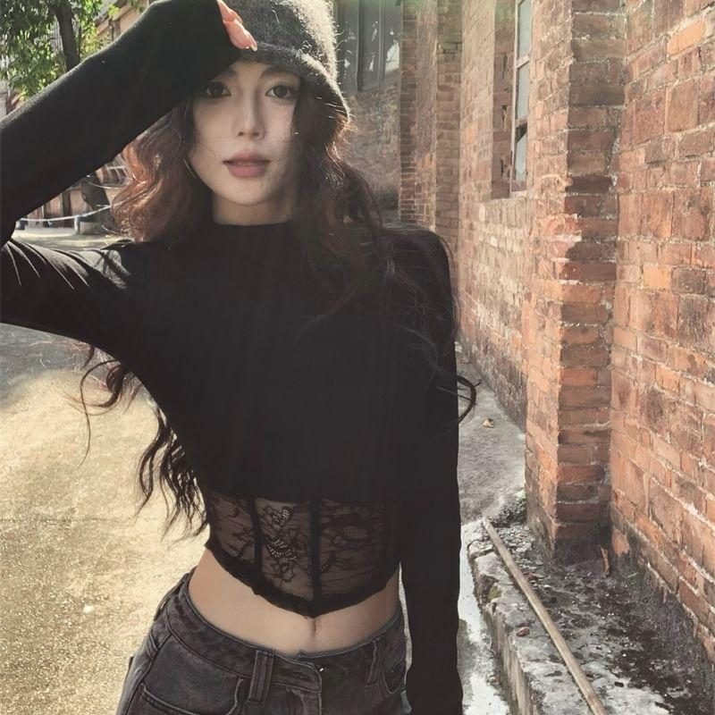 Long Sleeve Mock Neck Plain Lace Trim Cropped Top Product Image