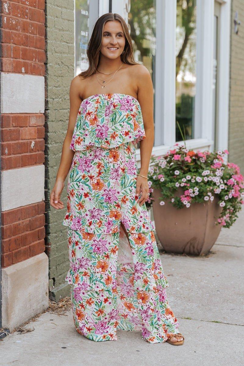 Multi Floral Strapless Slit Maxi Dress - FINAL SALE Product Image