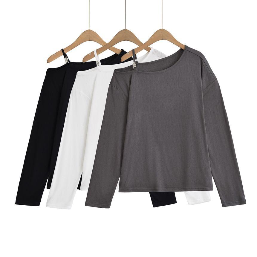 Long Sleeve Cold-Shoulder Plain Loose-Fit Pullover Product Image