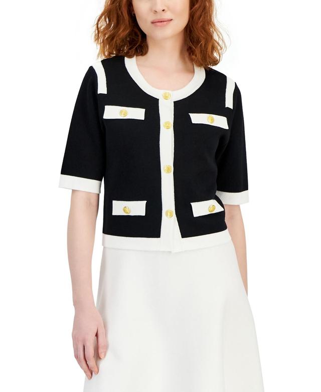 Tahari Asl Womens Contrast-Trim Short-Sleeve Cardigan - Black Product Image