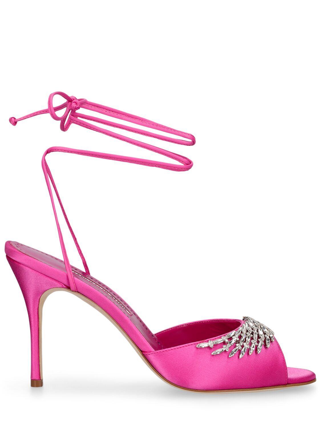 MANOLO BLAHNIK 90mm Plumena Satin Sandals In Fuchsia Product Image