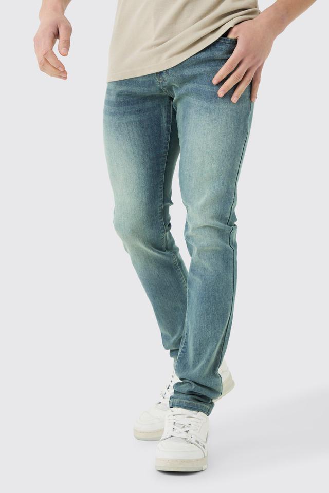 Skinny Stretch Stacked Jean In Antique Blue | boohooMAN USA Product Image