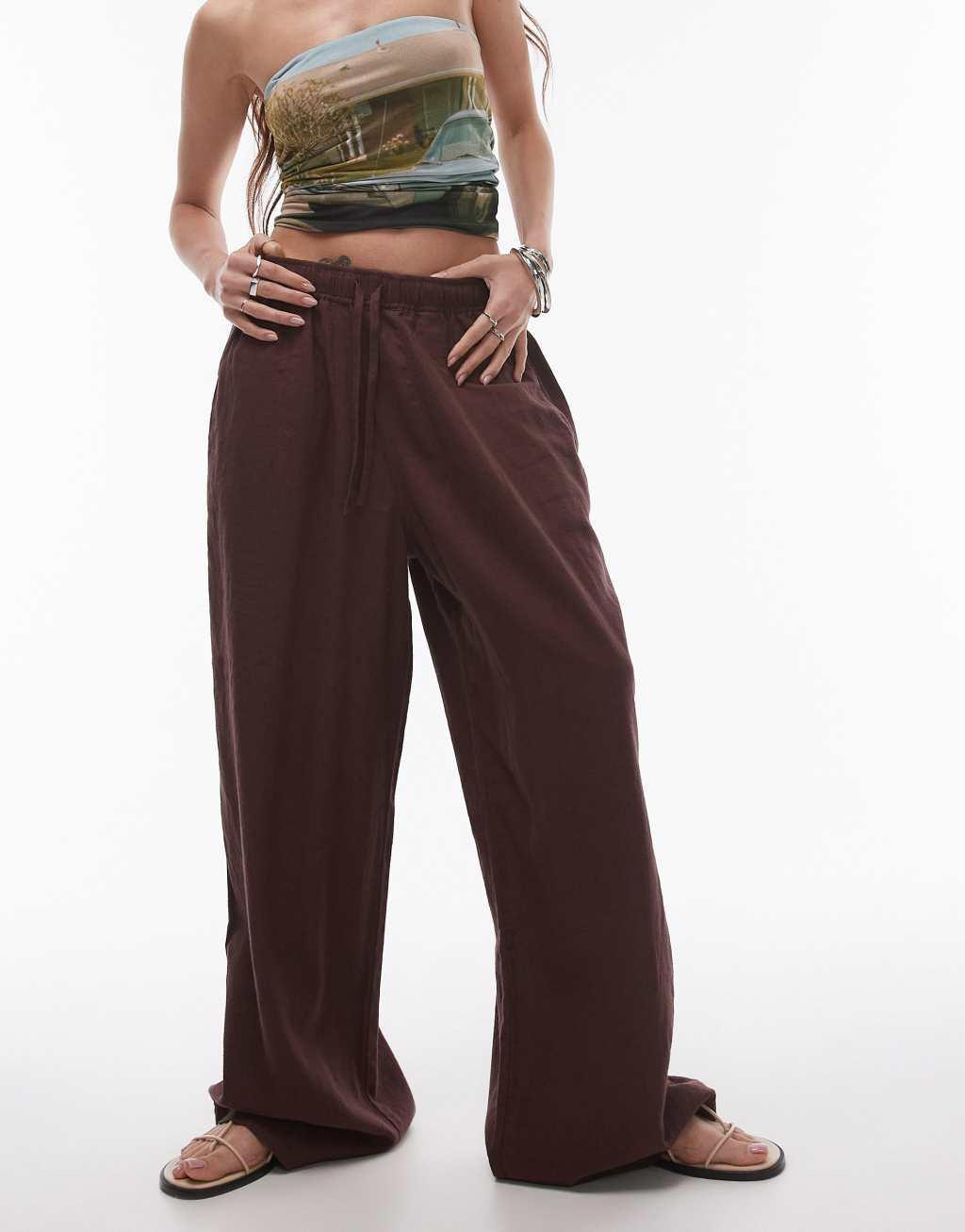 Topshop linen blend balloon pants in brown Product Image