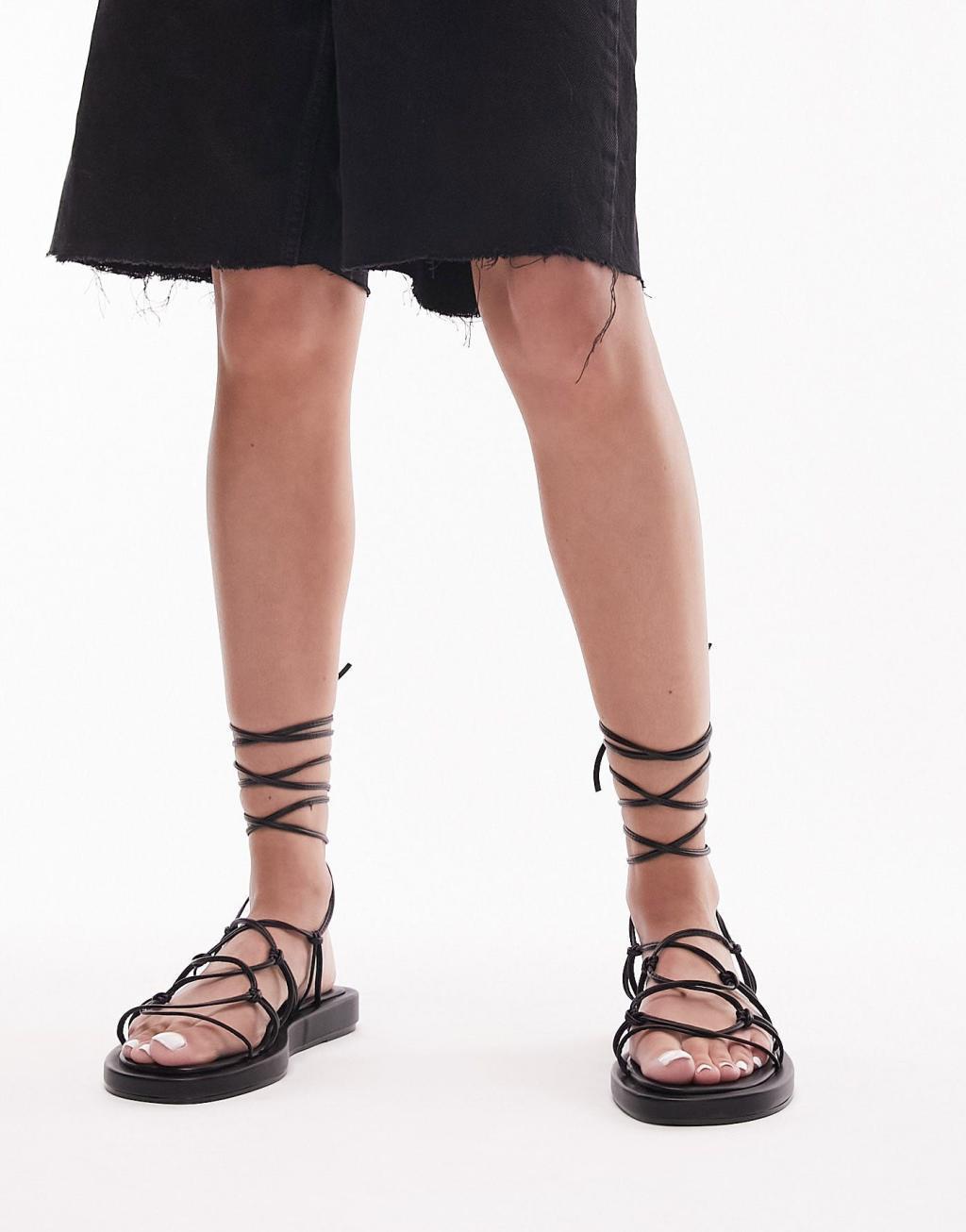 Topshop Gina strappy flat sandals with ankle tie Product Image