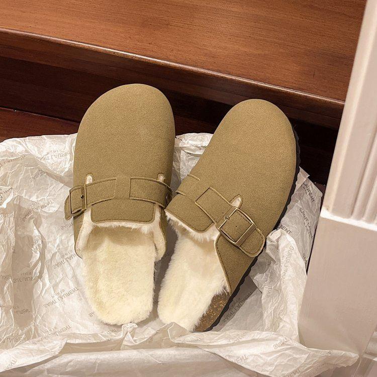 Buckled Fluffy Trim Mules Product Image