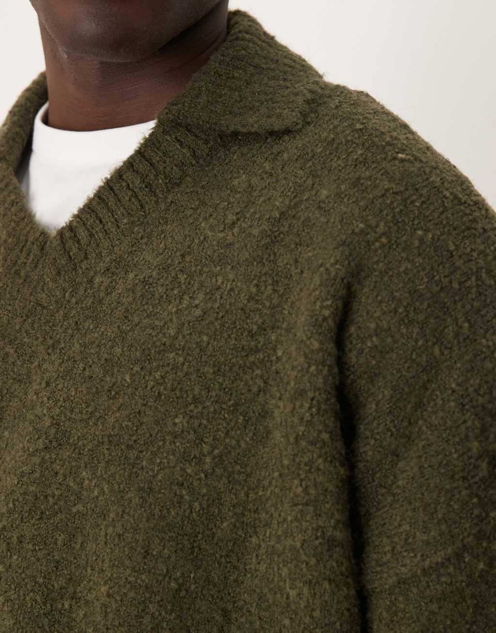 ASOS DESIGN oversized boxy fit boucle knitted notch neck sweater in khaki Product Image