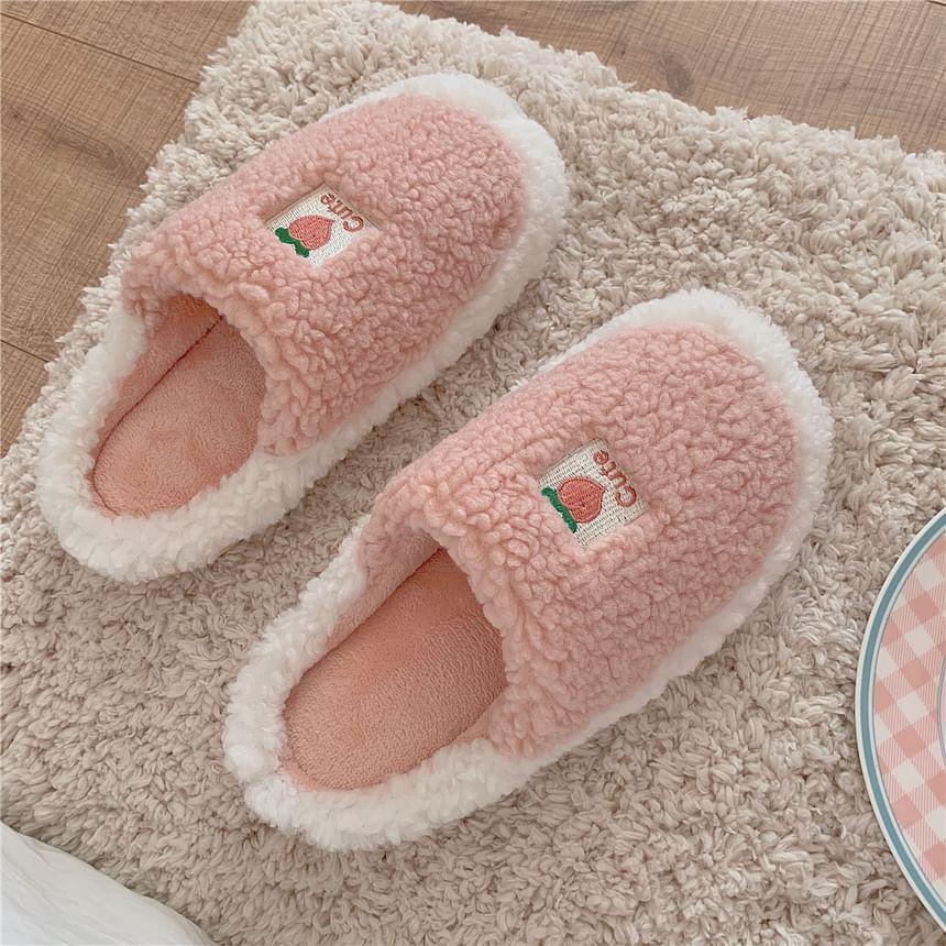 Peach Embroidered Faux Shearling Slippers Product Image