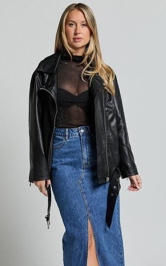 Ellery Faux Leather Jacket - Faux Leather Longline Belted Biker Jacket in Black Product Image