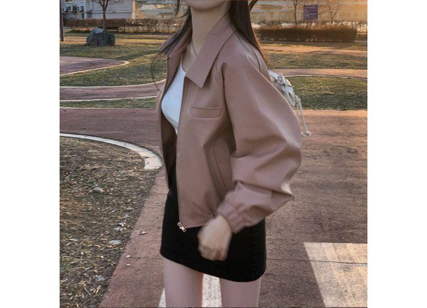 Collared Plain Faux Leather Zip Jacket Product Image