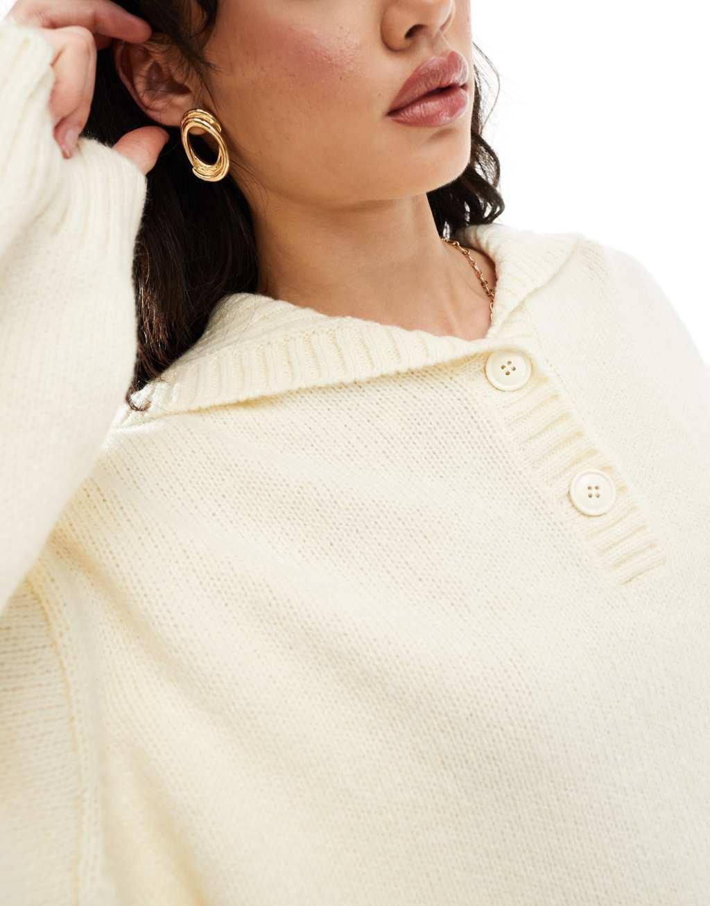 ASOS DESIGN sweater with button collar in cream Product Image