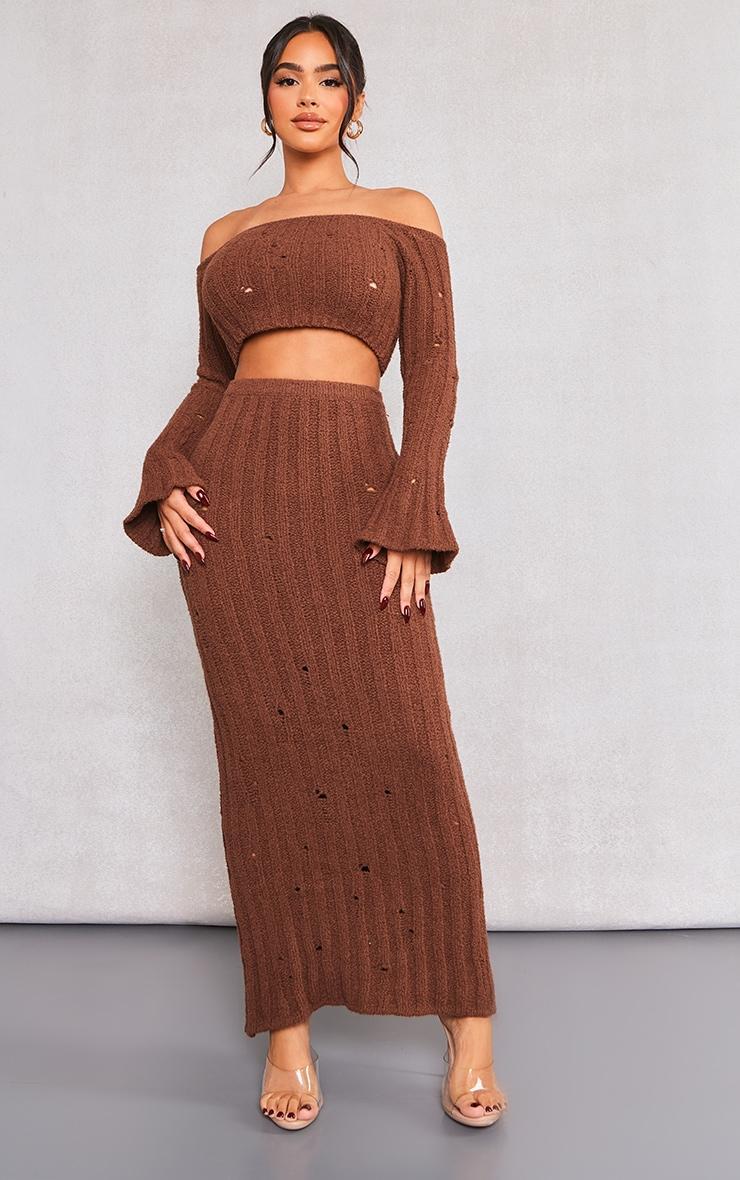  Petite Chocolate Distressed Rib Knit Maxi Skirt Product Image