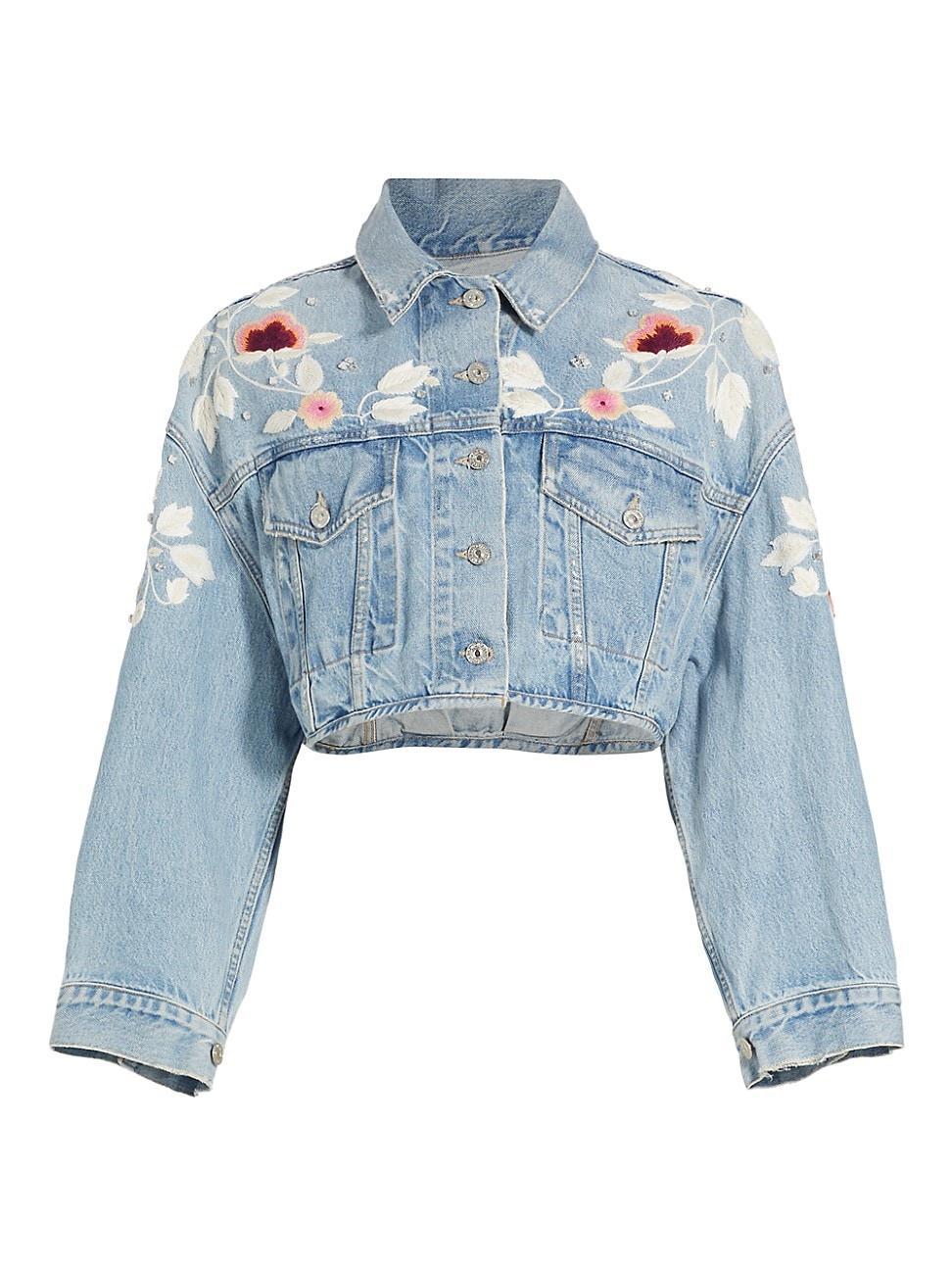 Womens Lena Floral Embroidered Crop Denim Jacket Product Image