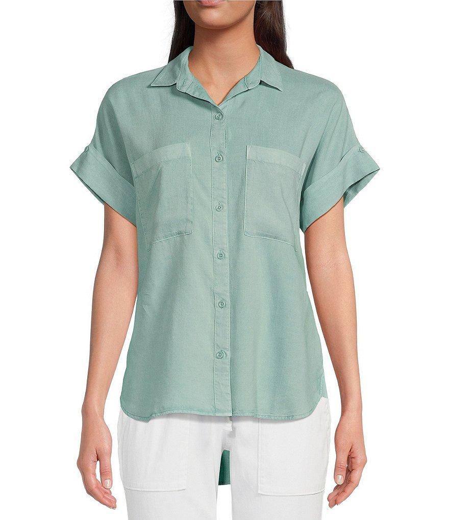 Cloth & Stone Woven Rolled Short Sleeve Point Collar Top Product Image