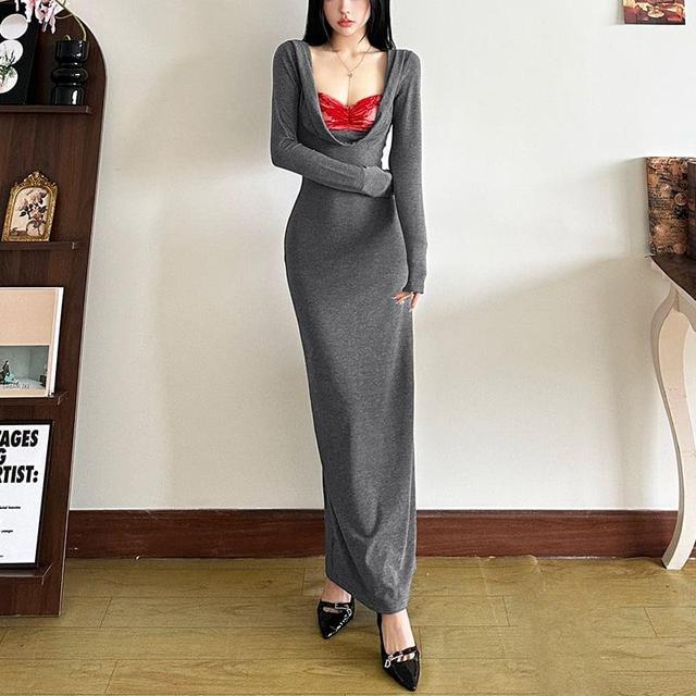 Long Sleeve Scoop Neck Plain Maxi Bodycon Dress Product Image